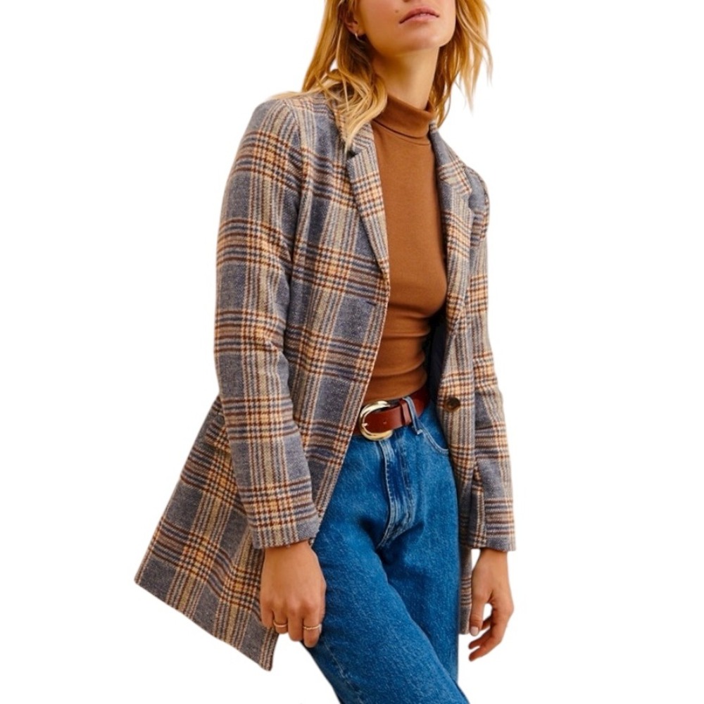 BB Dakota Steve Madden Poly wool Blue Tan Tweed Plaid  Check You Out Blazer S